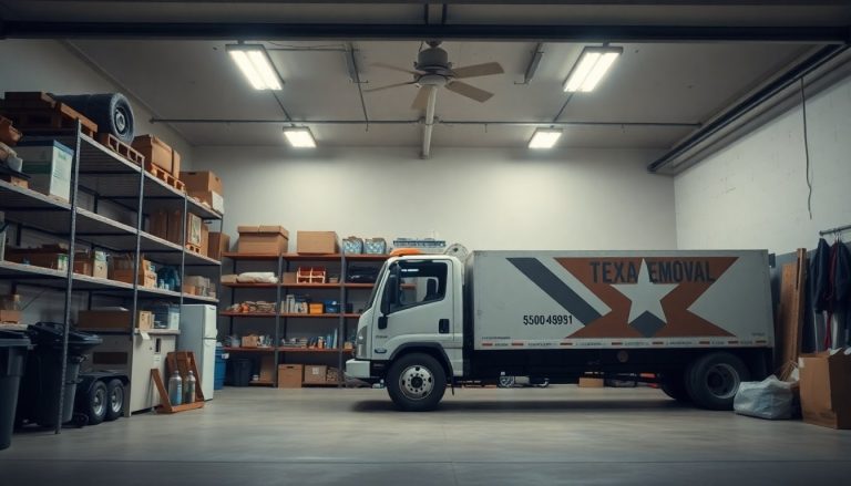 The Benefits of Using a Professional Junk Removal Service in Texas (Ultimate Guide) 30 White moving truck with TX Removal branding parked inside warehouse with shelving units filled with cardboard boxes